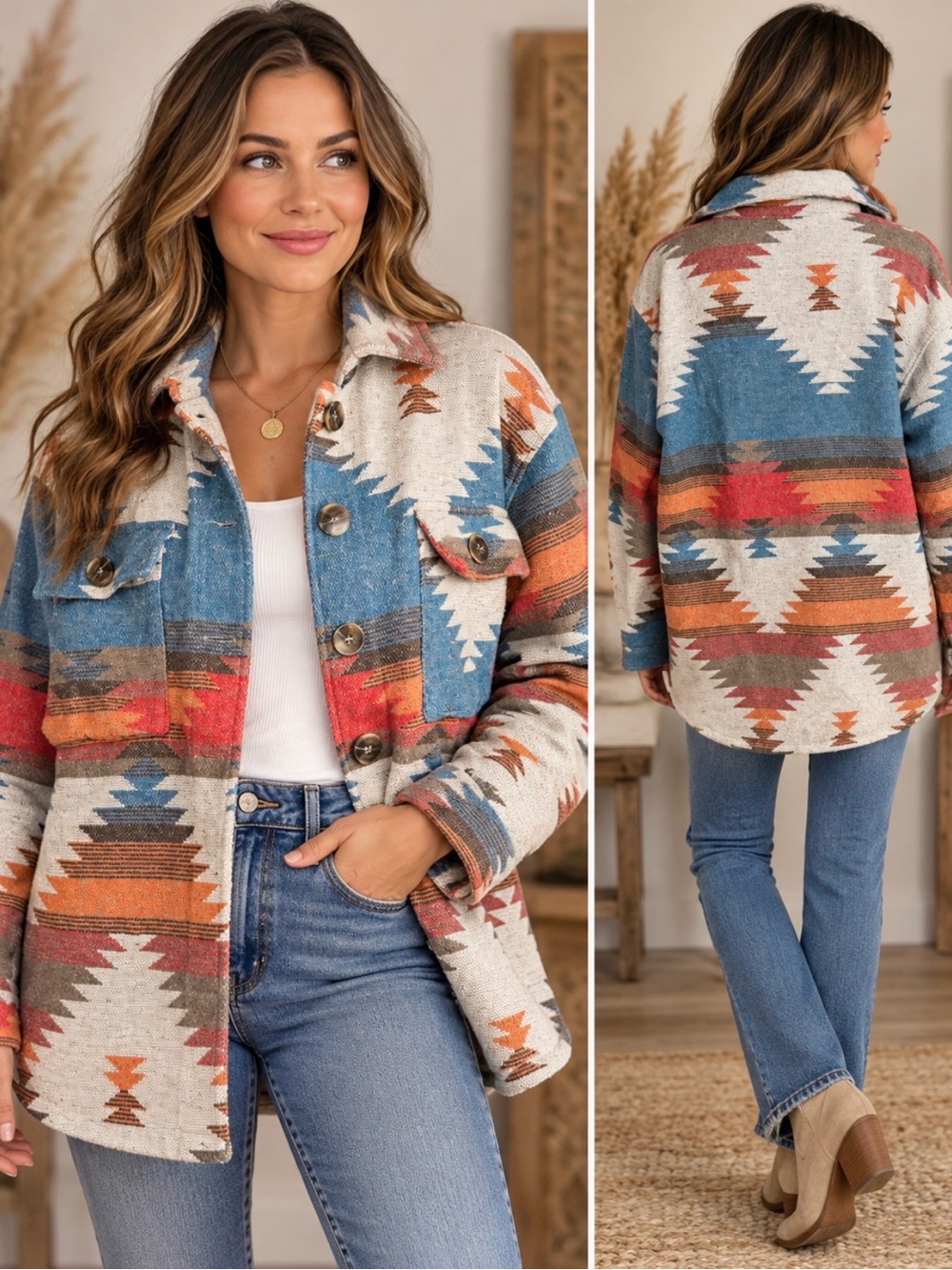 Womens Aztec Patterned Button-Front Jacket - Multicolor